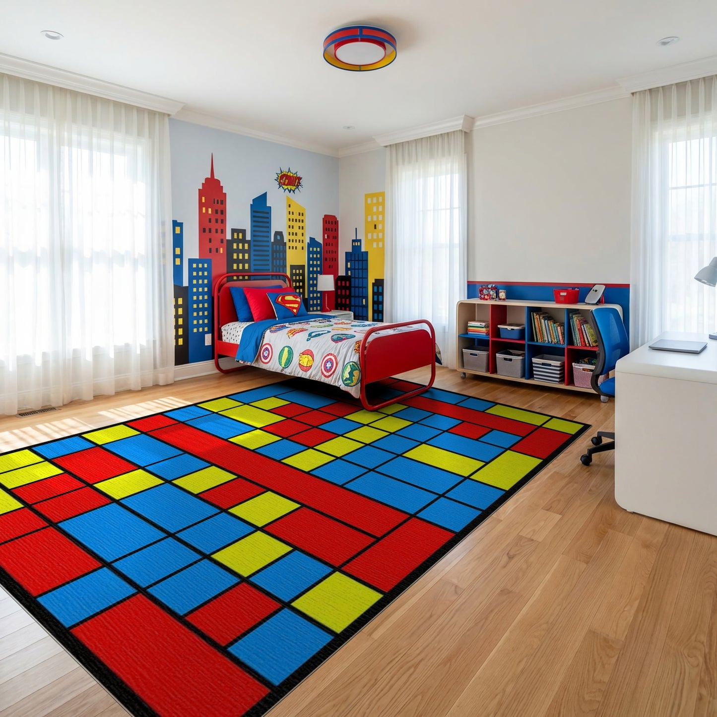 Bold Red Blue Yellow Geometric Rug