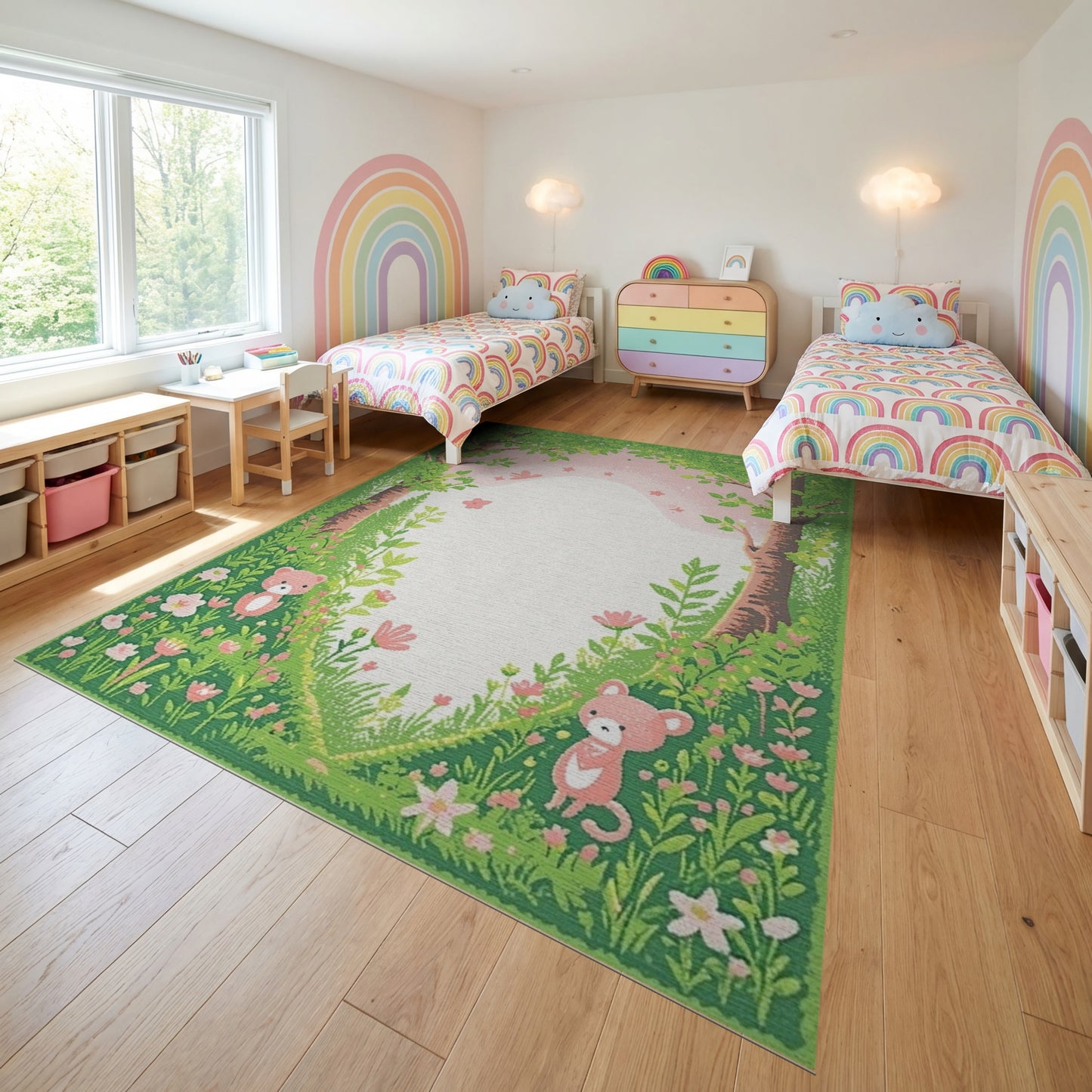 Whimsical Forest Teddy Bears Floral Rug
