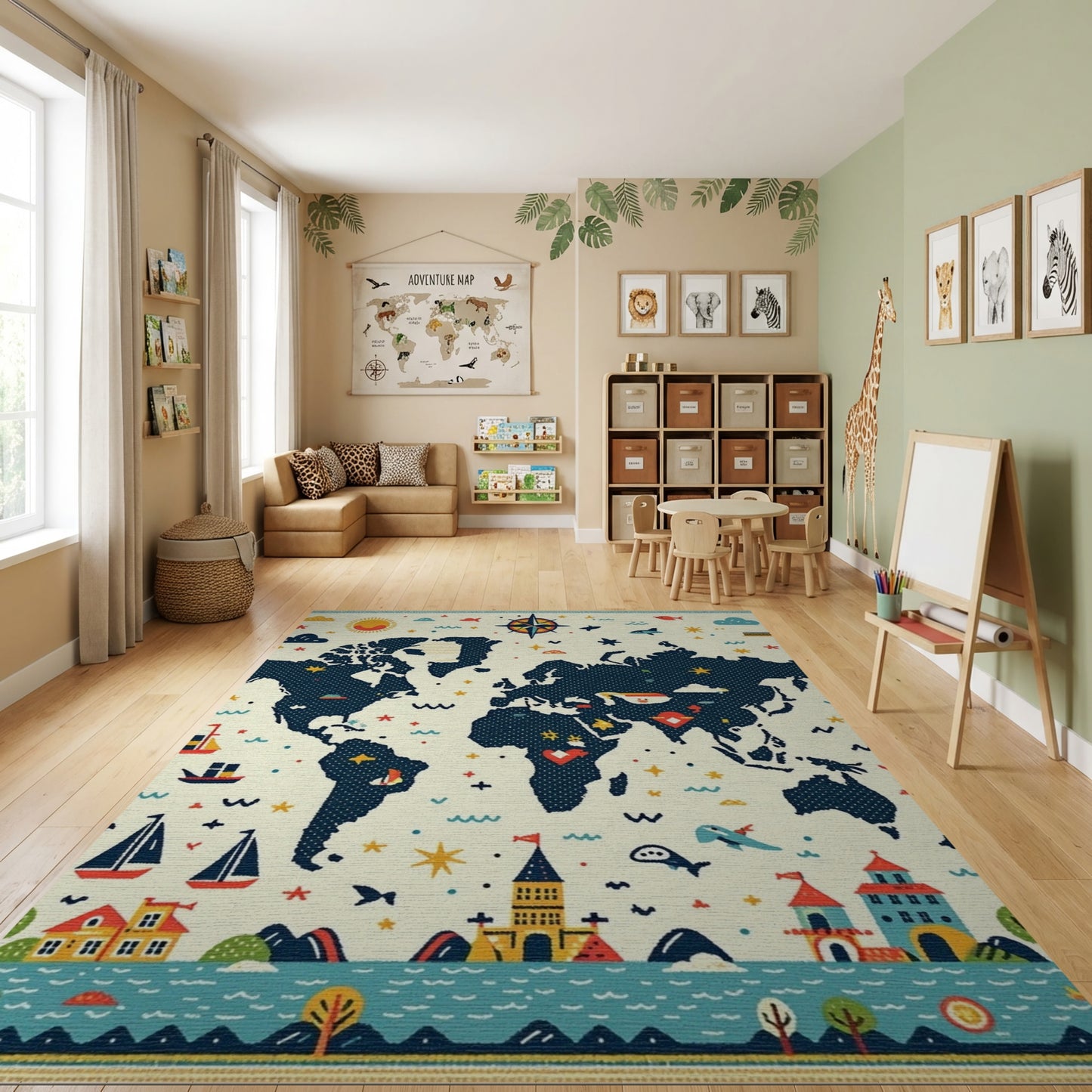 Whimsical Nautical World Map Adventure Rug