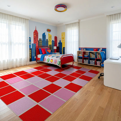 Bold Pixelated Pink Heart Red Rug