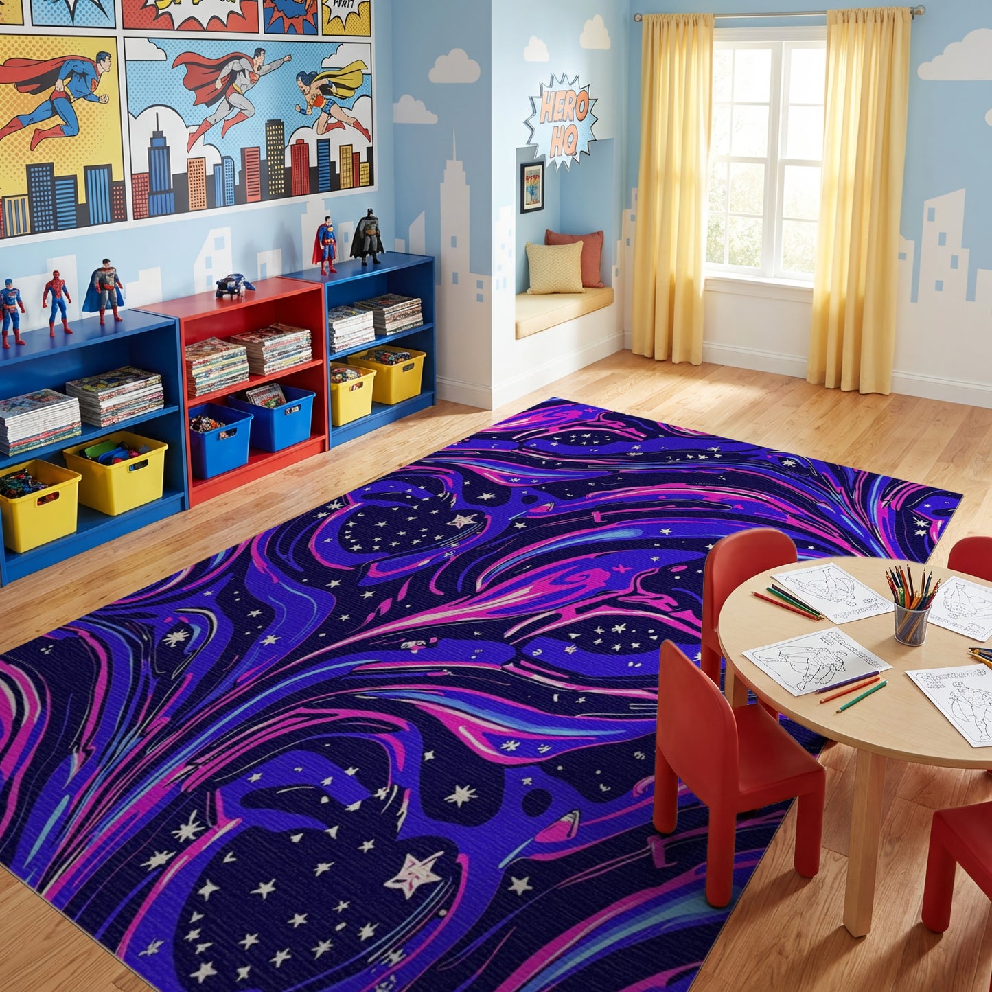 Navy Purple Cosmic Swirling Birds Stars Rug