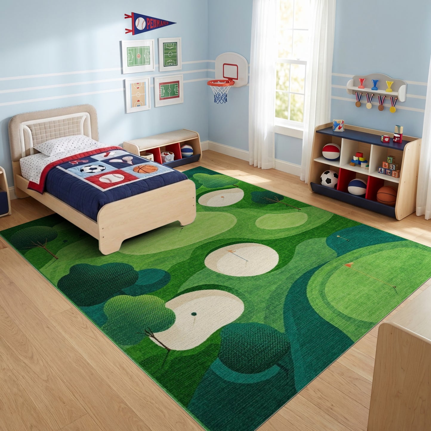 Lush Green Golf Bunkers Trees Rug