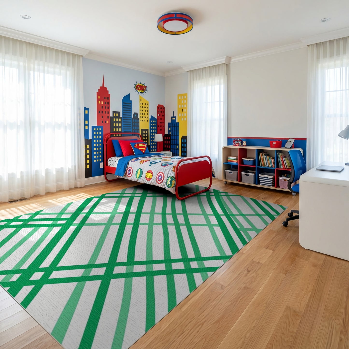 Modern Green White Diagonal Stripes Rug