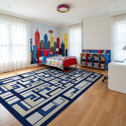 Modern Navy and Cream Lattice Rug