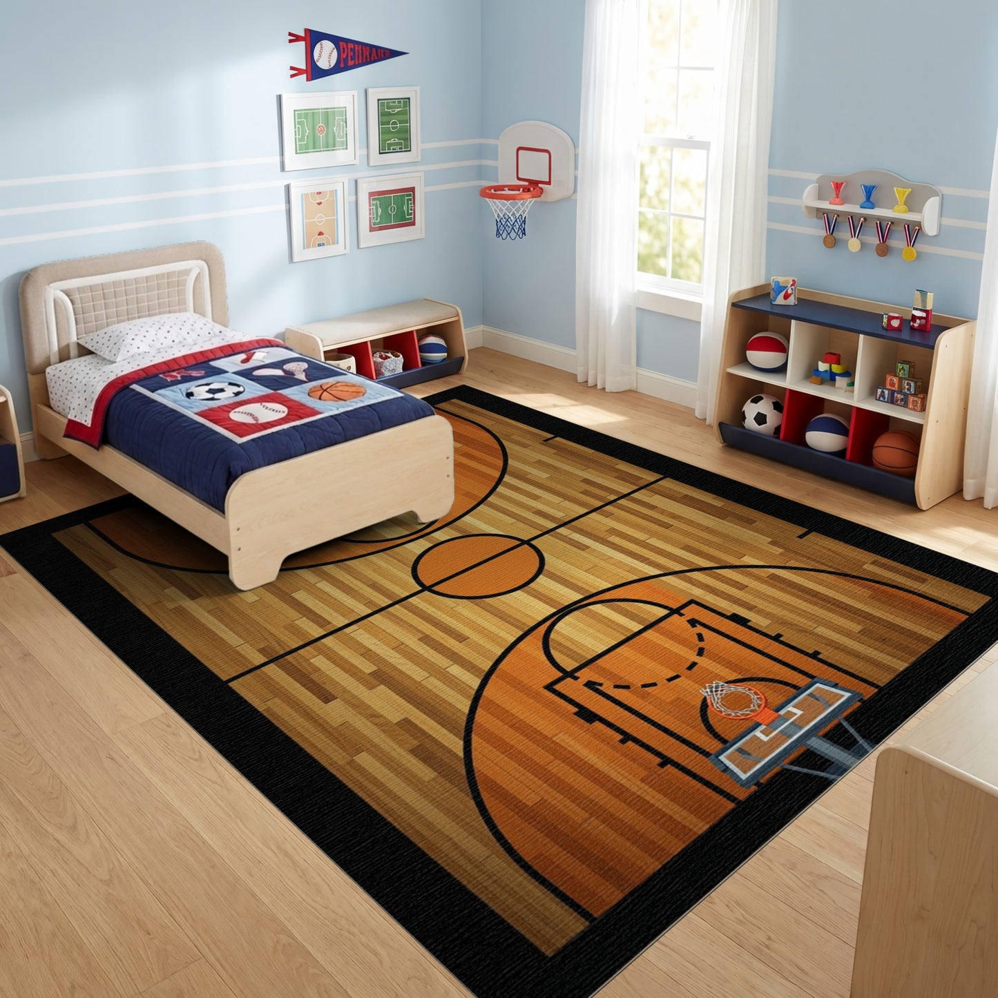 Basketball Court Hardwood Hoops Rug