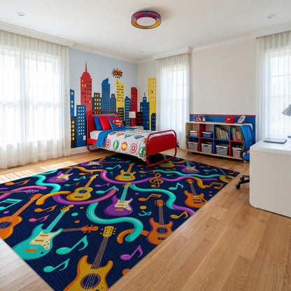 Vibrant Guitar Notes Wavy Swirls Rug