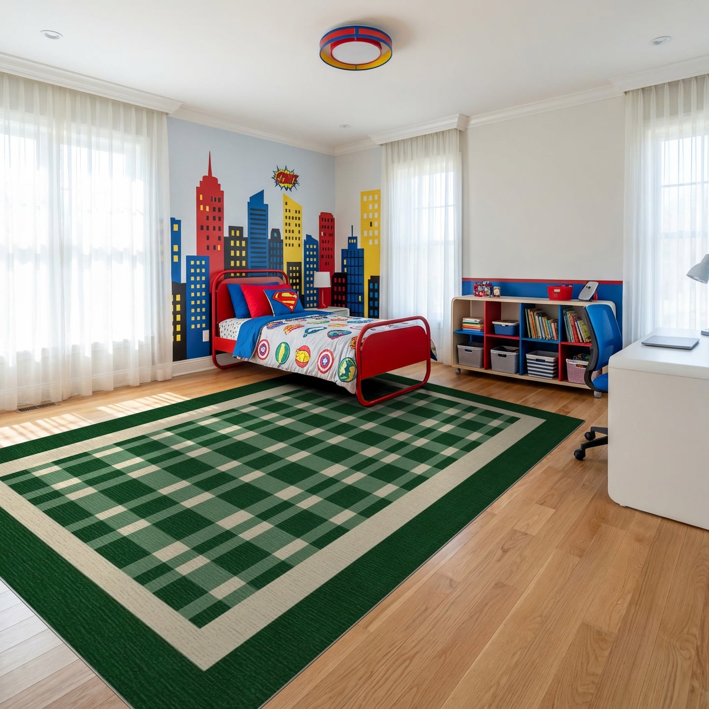 Green and White Checkered Border Rug