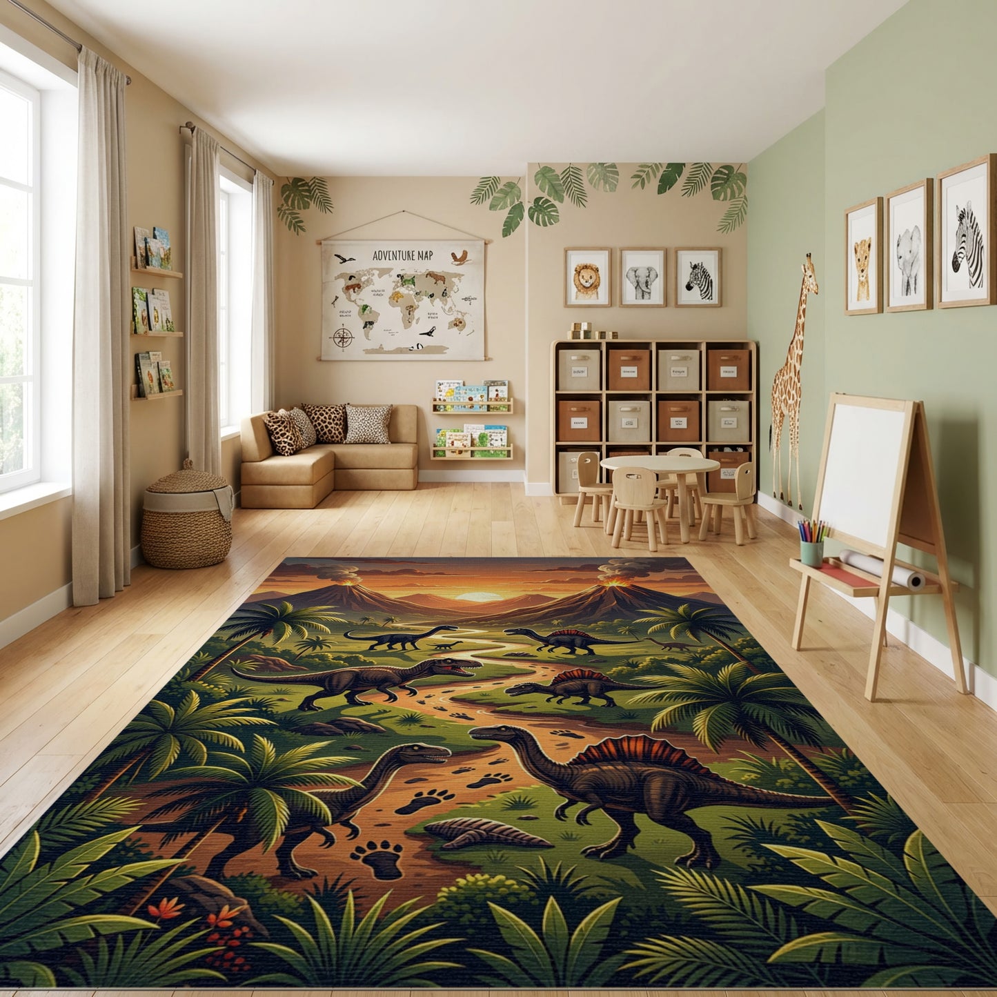 Vibrant Dinosaur Volcano Tropical Sunset Rug