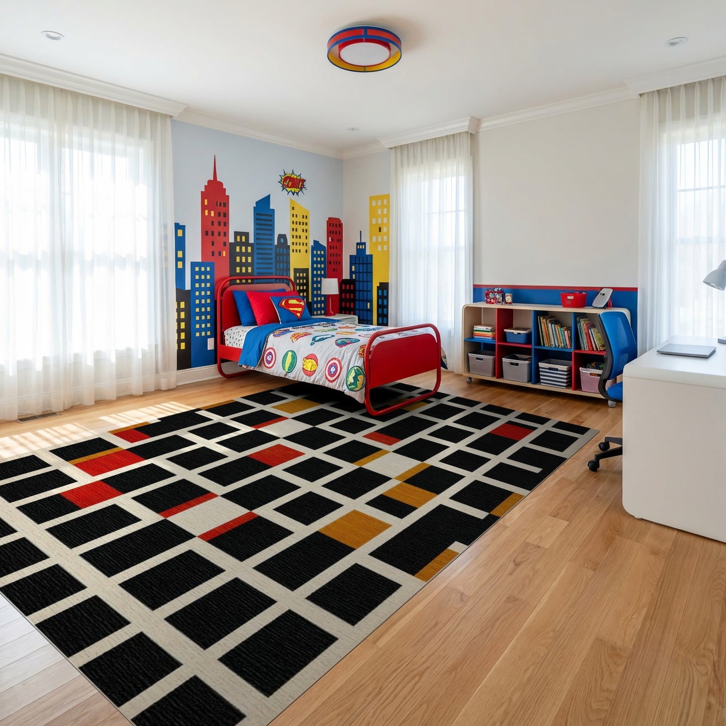 Geometric Black Red Gold Grid Rug