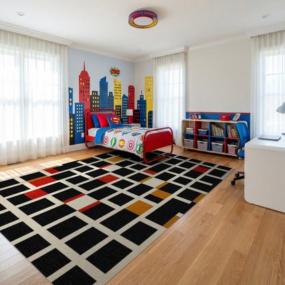 Geometric Black Red Gold Grid Rug