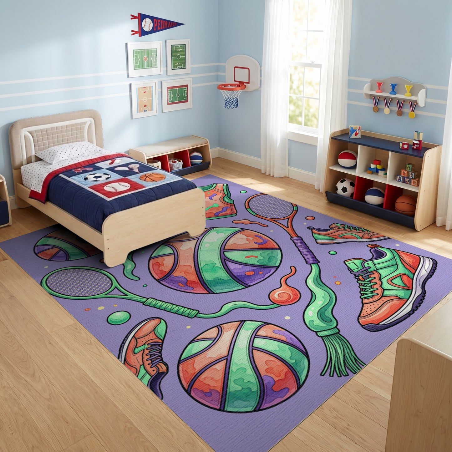 Vibrant Basketball Tennis Sneaker Pattern Rug