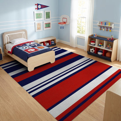 Navy Red White Bold Striped Rug