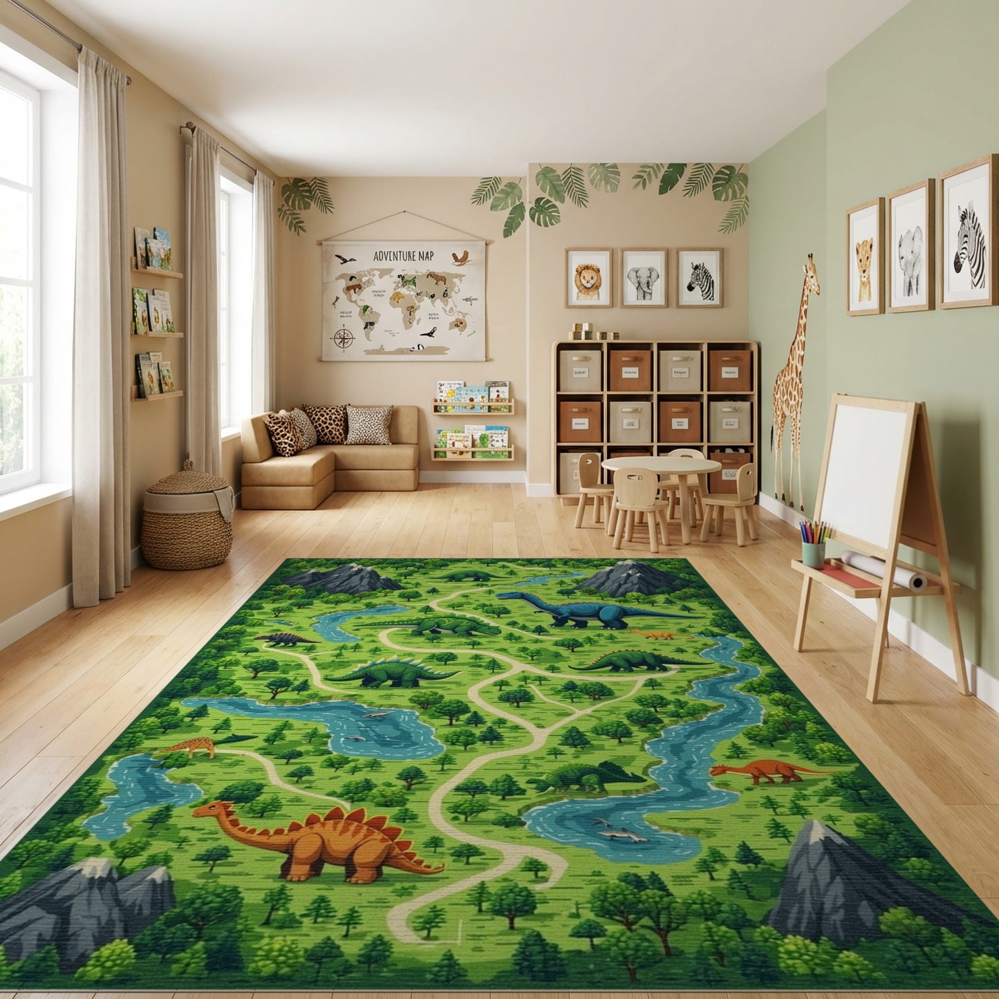 Whimsical Dinosaur Mountain Forest River Rug