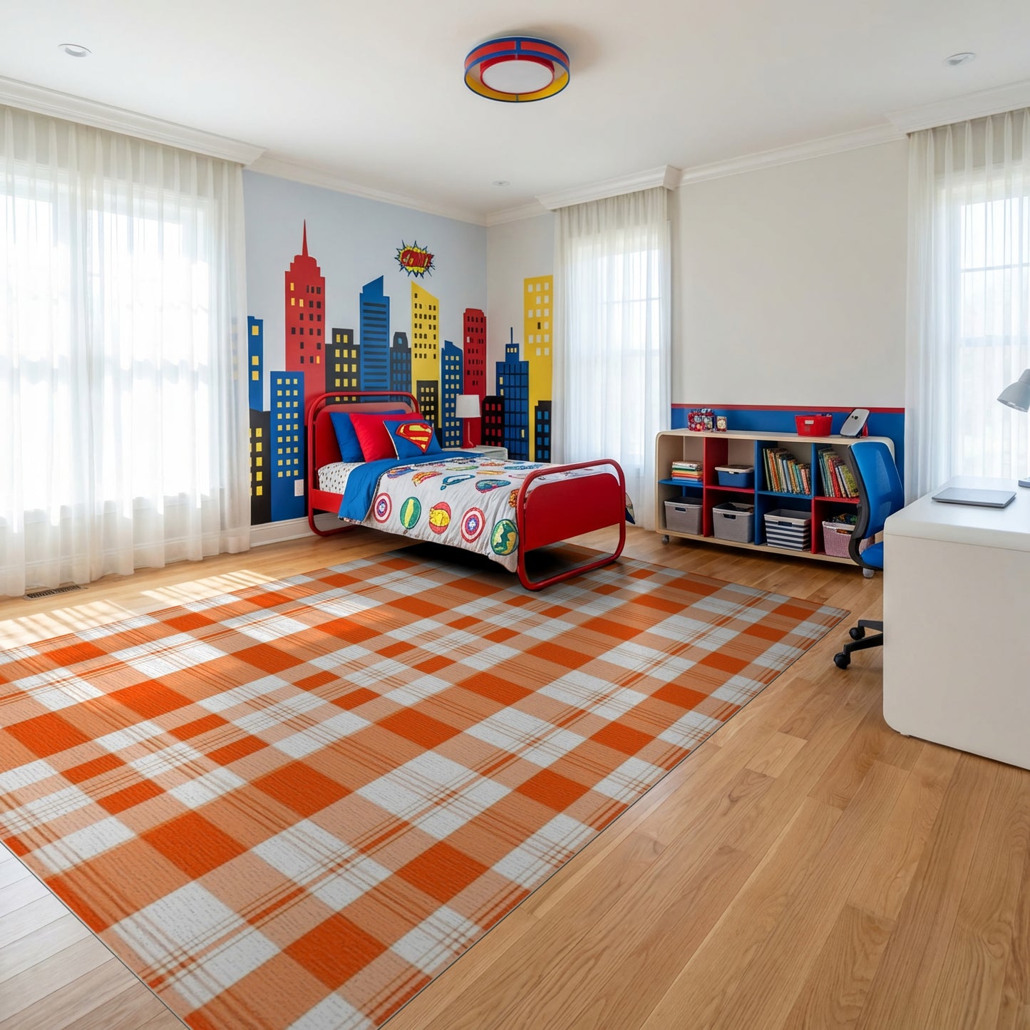 Bold Orange and White Plaid Rug