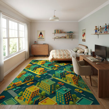 Vibrant Isometric Teal Yellow Cityscape Rug