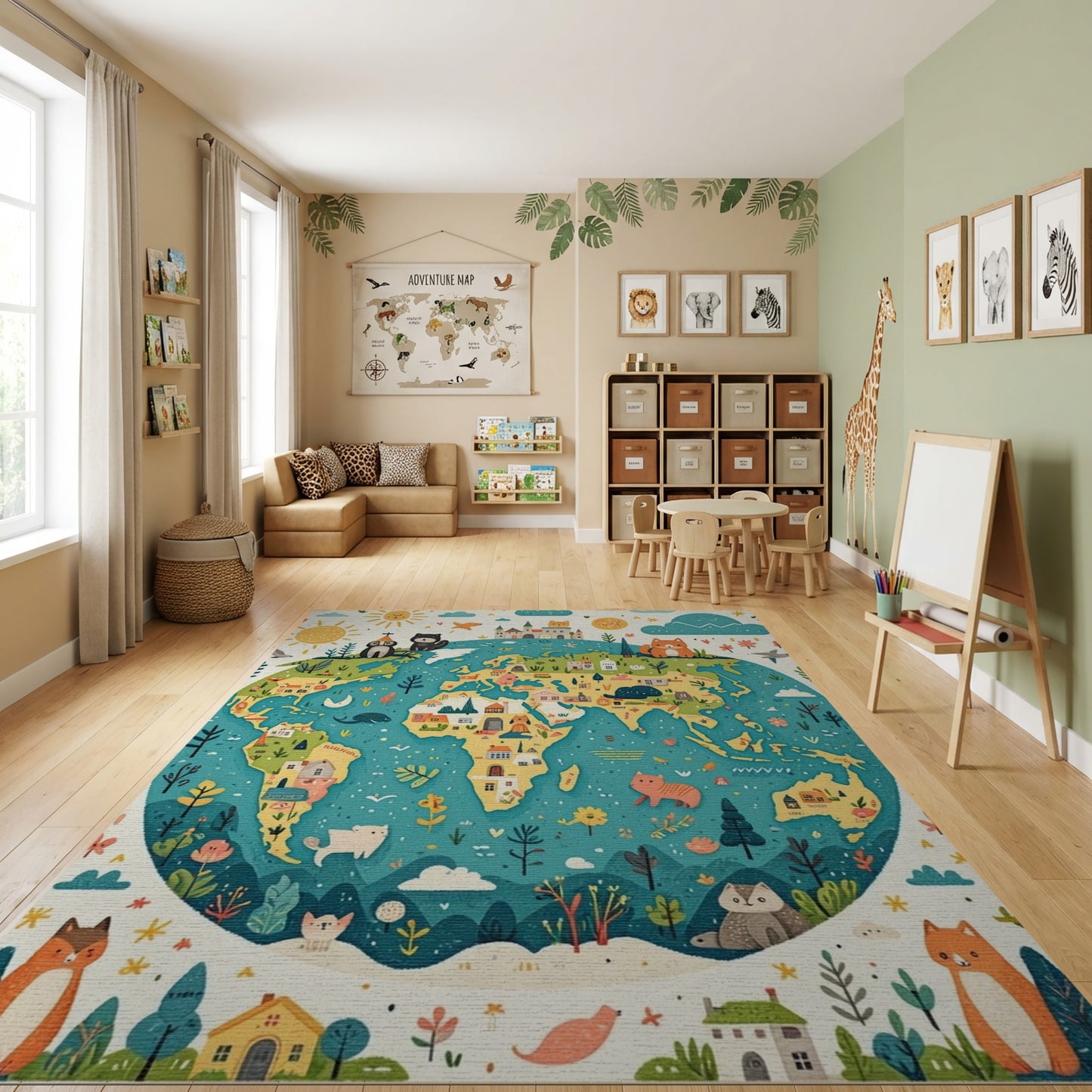 Whimsical Cats World Map Globe Rug