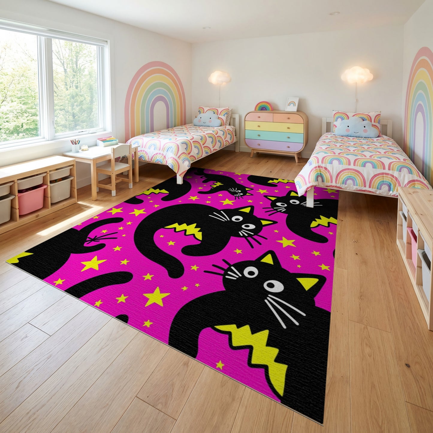 Whimsical Black Cats Stars Lightning Pink Rug