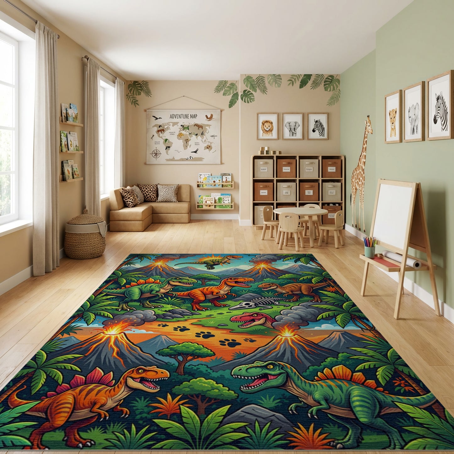 Vibrant Dinosaur Volcano Jungle Rug