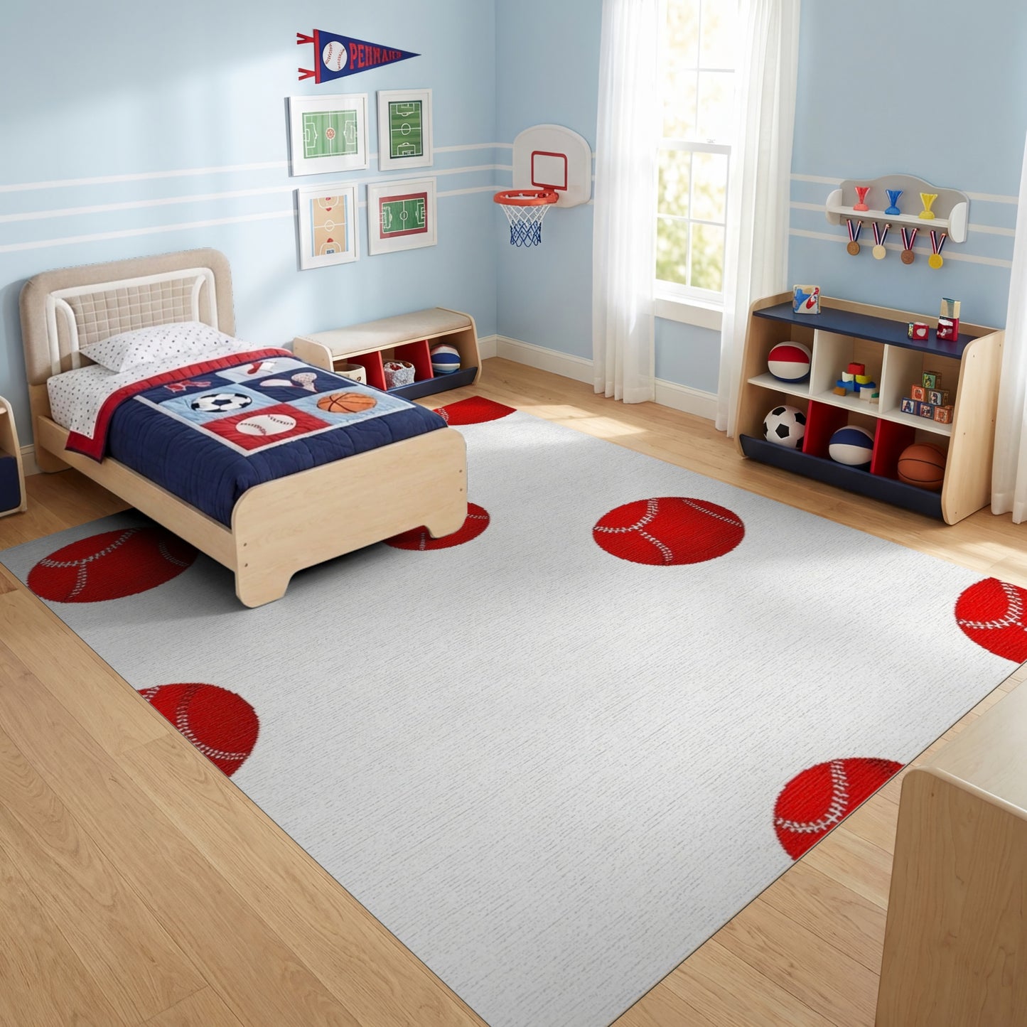 Scattered Red Stitched Baseballs Playful Rug