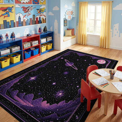 Cosmic Purple Starry Ringed Planet Rug