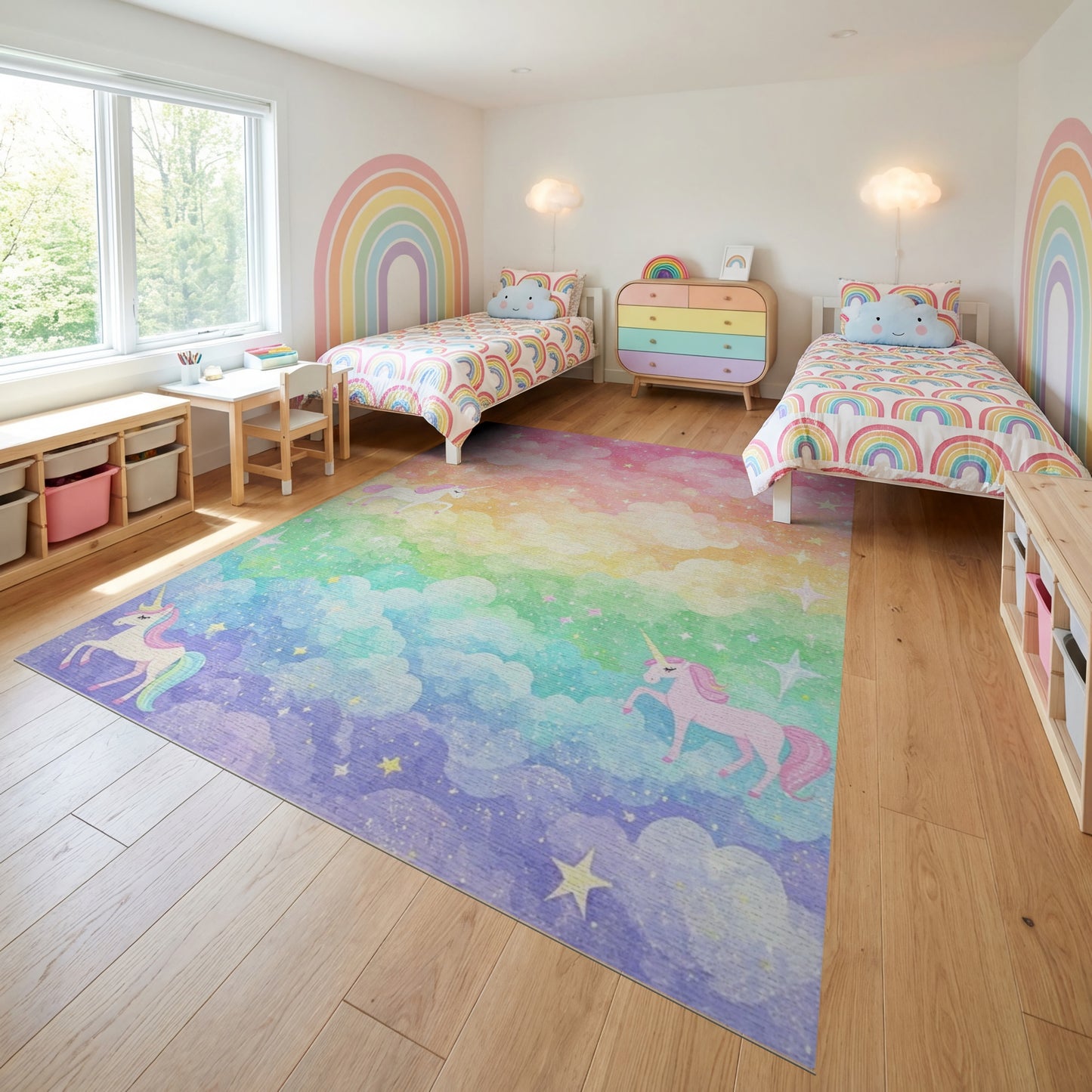 Whimsical Unicorn Rainbow Cloud Stars Rug
