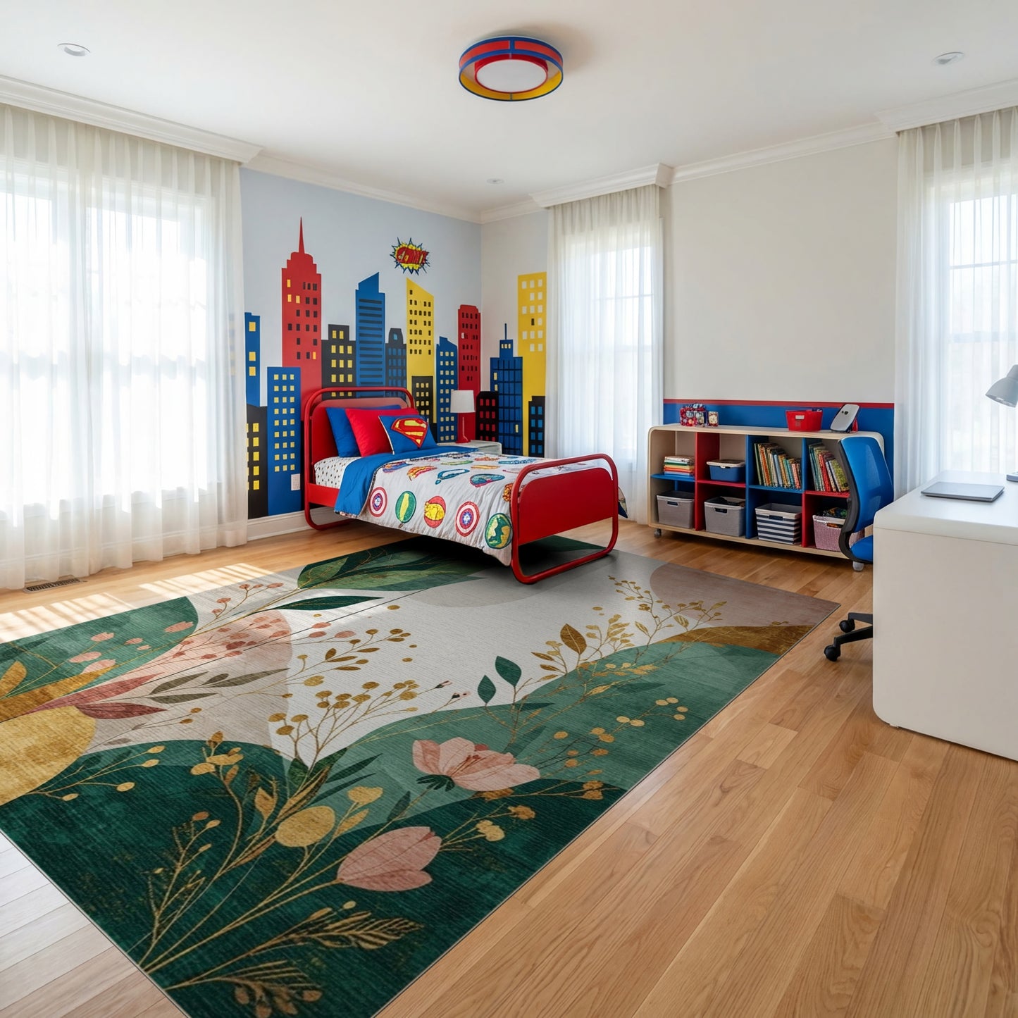 Emerald Green Gold Foliage Abstract Rug