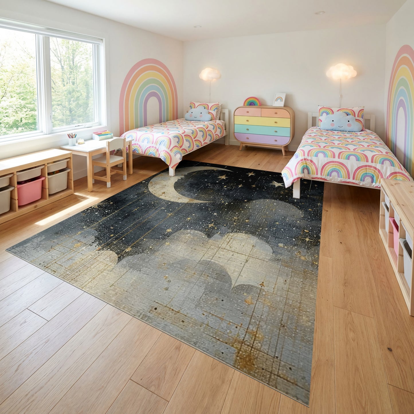 Mystical Golden Moon Stars Clouds Rug