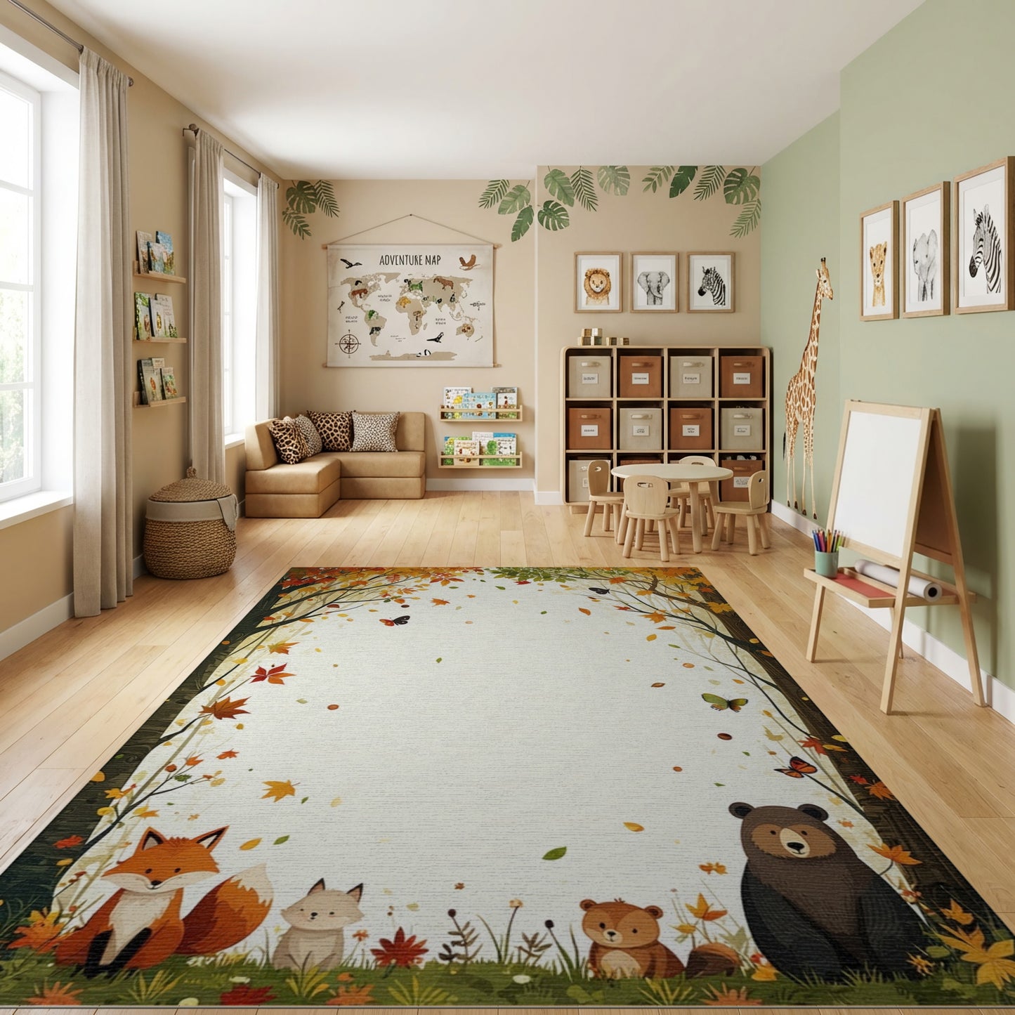 Whimsical Autumn Woodland Fox Bear Rug