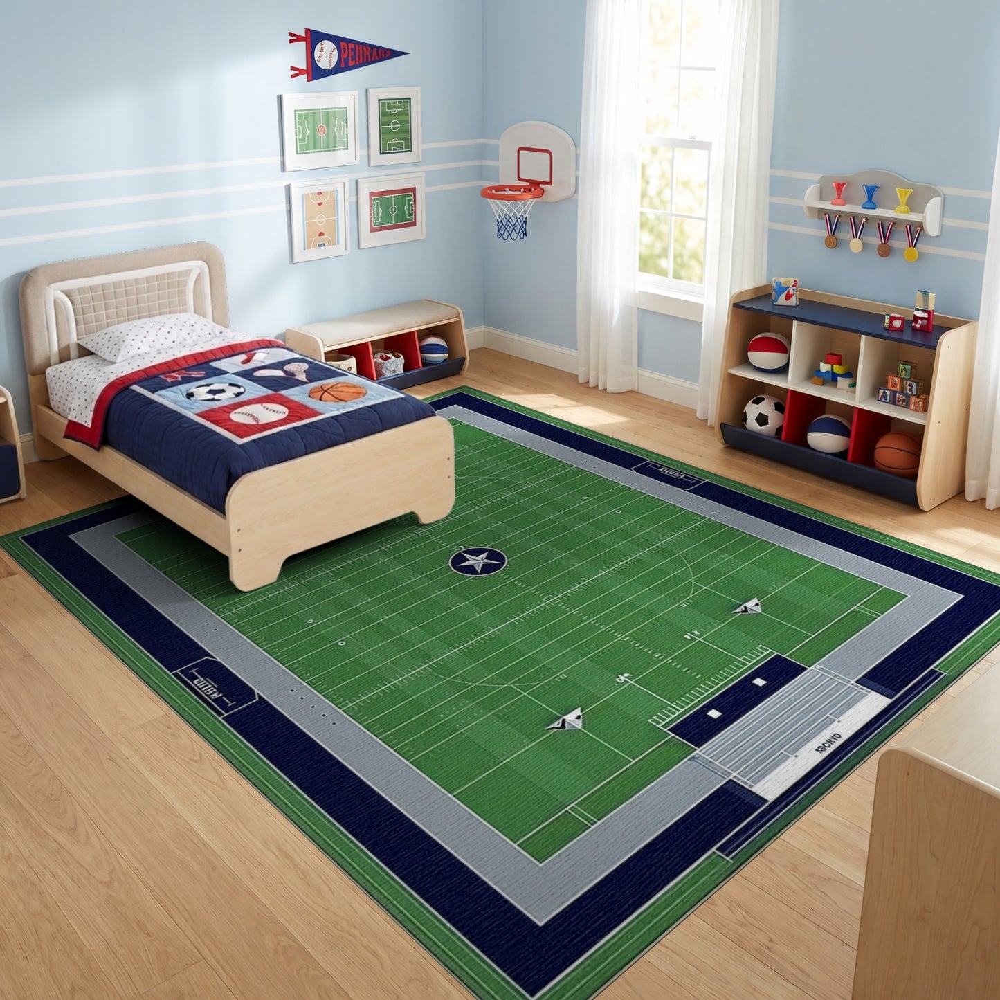 Green Navy Star Football Field Rug