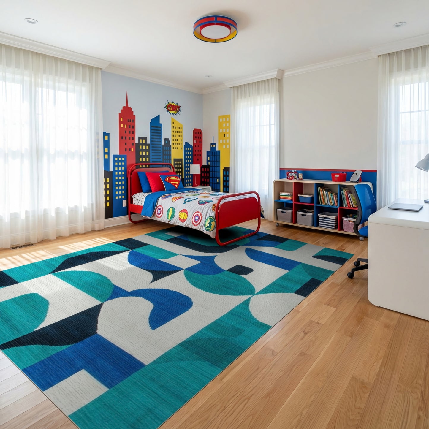 Teal Navy Abstract Geometric Rug