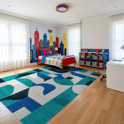 Teal Navy Abstract Geometric Rug