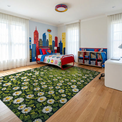 Vibrant White Daisy Meadow Rug