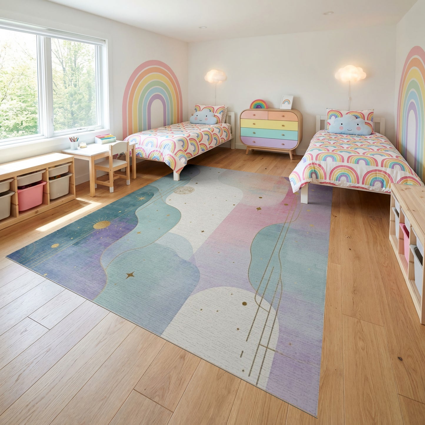 Ethereal Teal Purple Starry Waves Rug