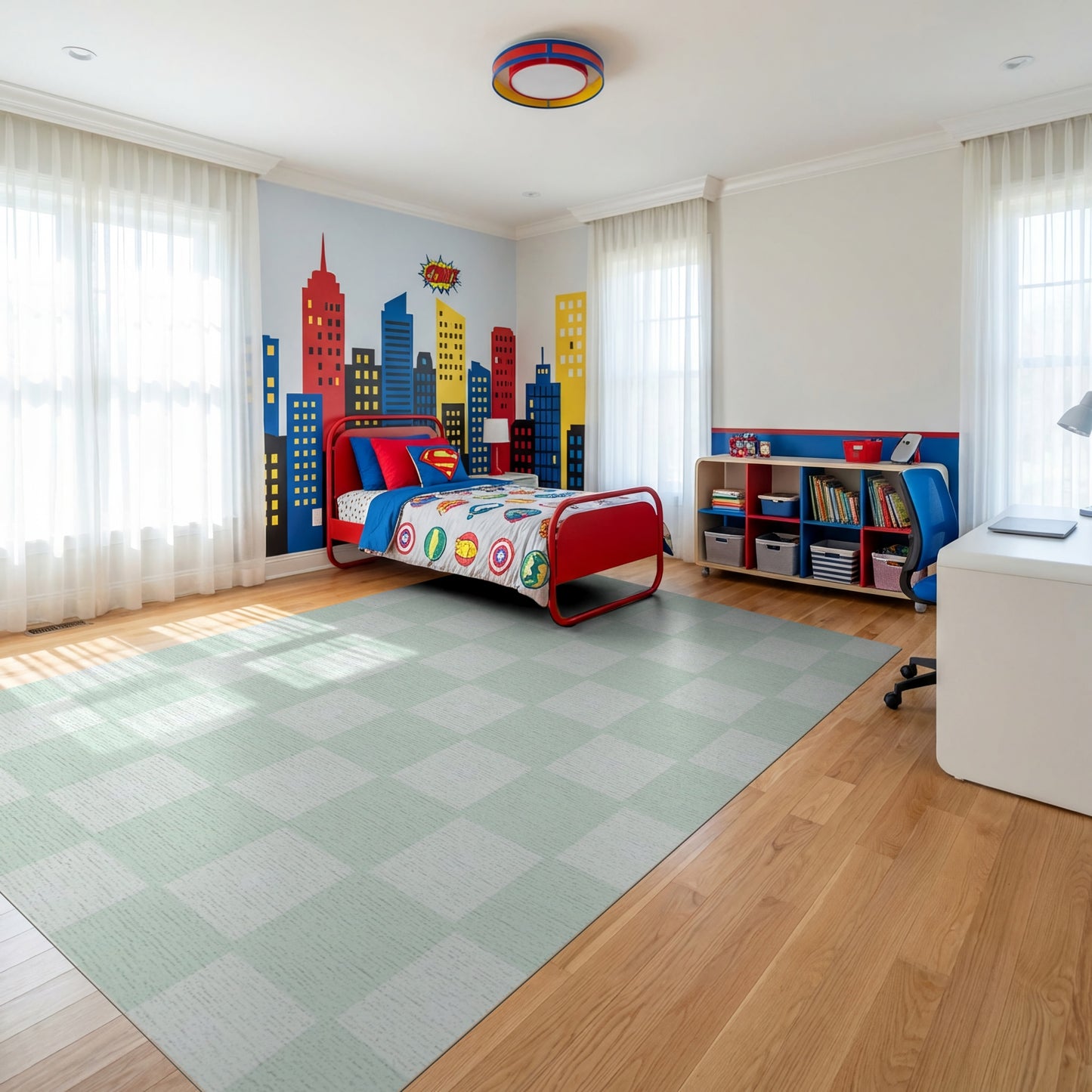 Pale Green Checkered Minimalist Rug