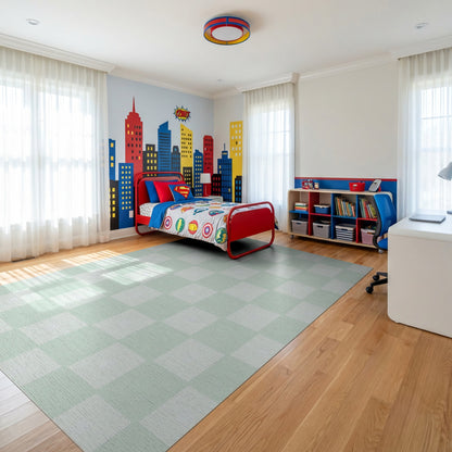 Pale Green Checkered Minimalist Rug