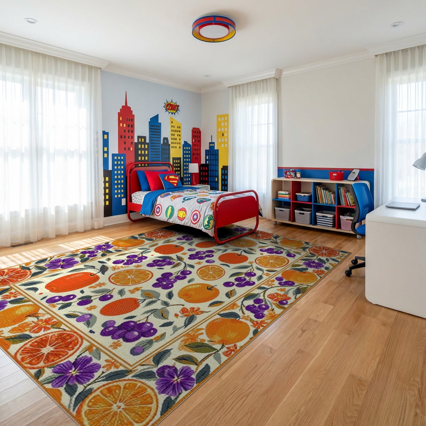 Whimsical Orange Grape Floral Border Rug