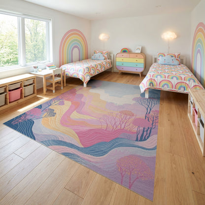 Dreamy Wavy Pastel Mountain Trees Rug