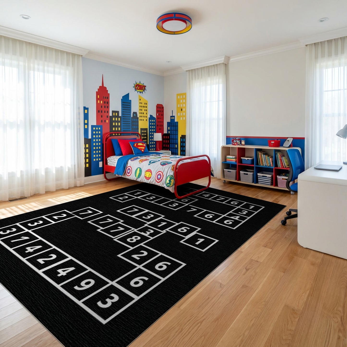 Modern Black White Numeric Grid Rug