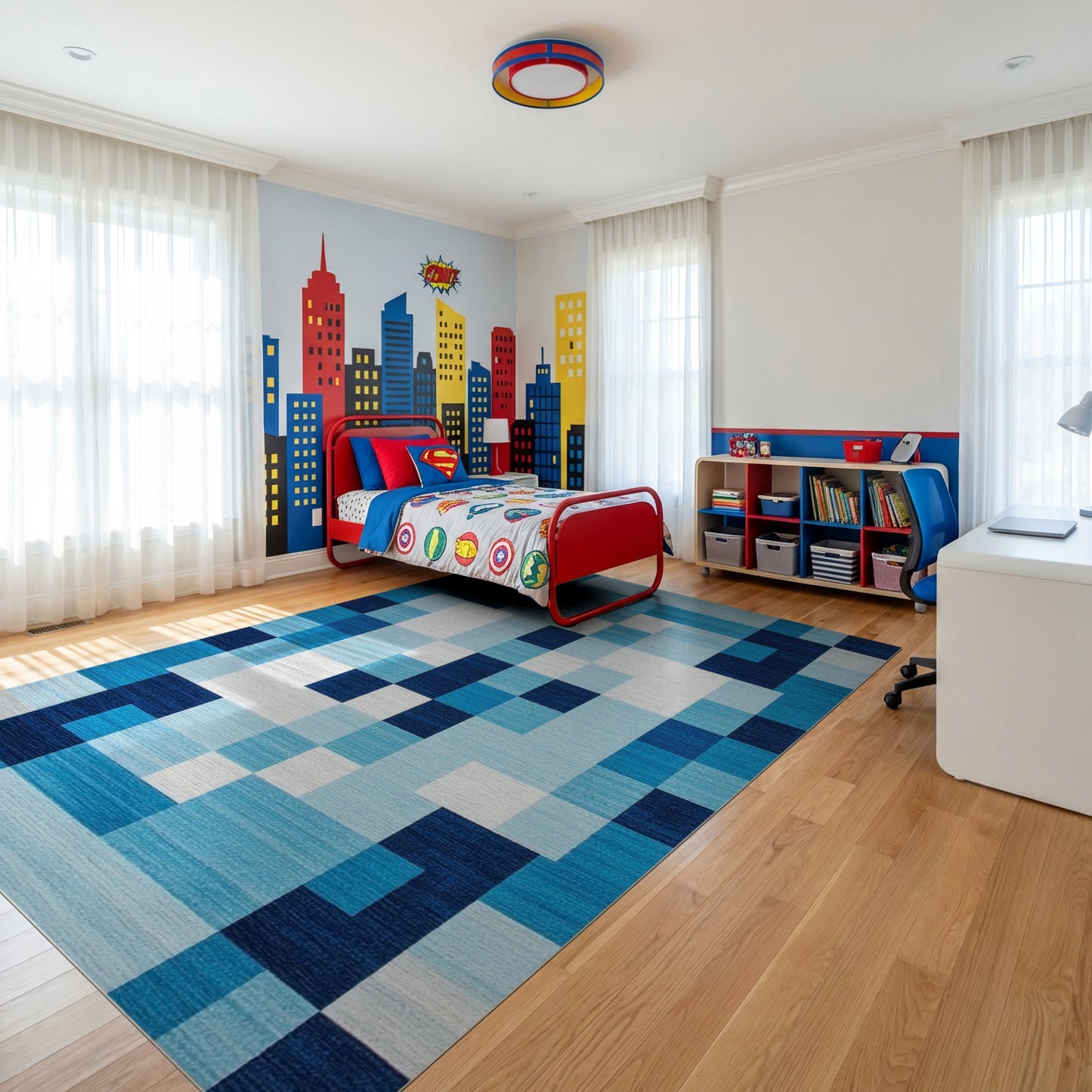 Modern Navy White Geometric Blocks Rug