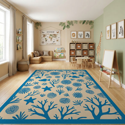 Whimsical Blue Coral Starfish Seashell Rug