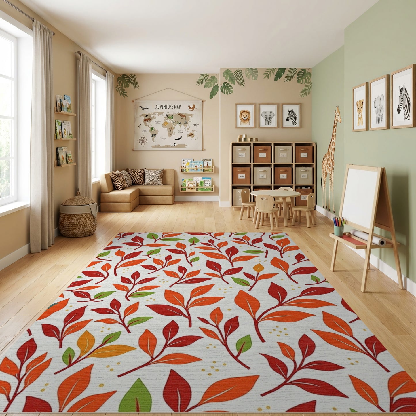 Vibrant Red Orange Green Leaves Rug