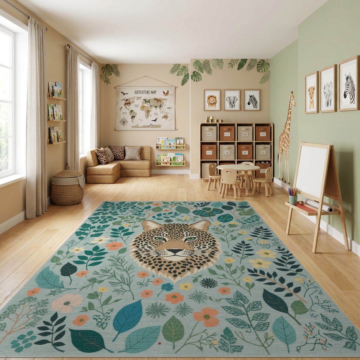 Vibrant Leopard Green Foliage Floral Rug