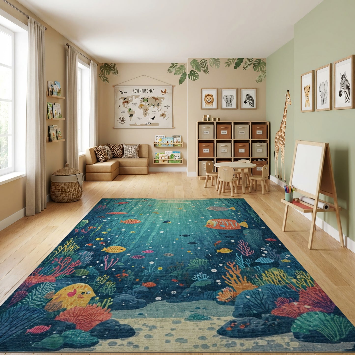 Whimsical Teal Fish Coral Sunbeam Rug