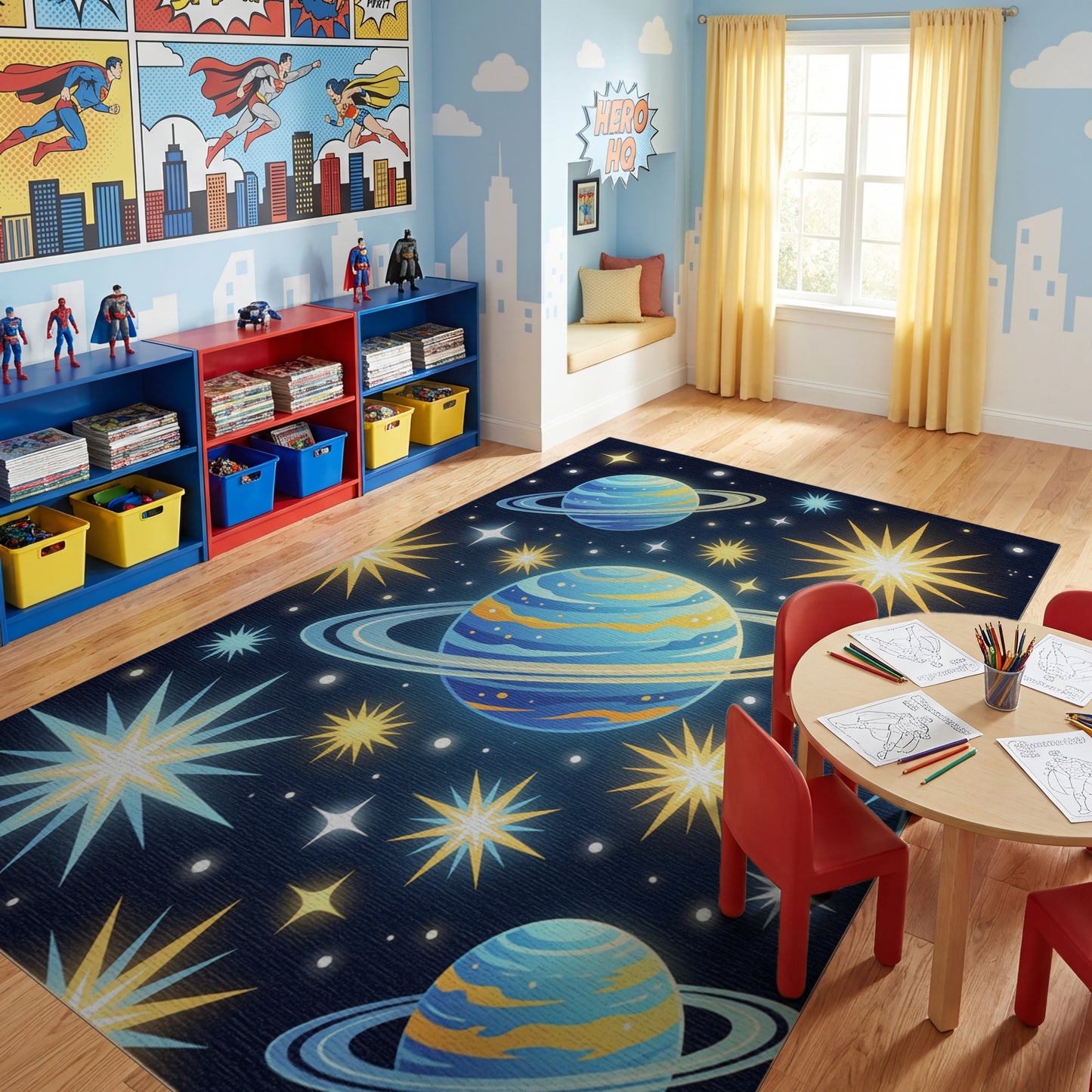 Cosmic Blue Ringed Planets Stars Rug