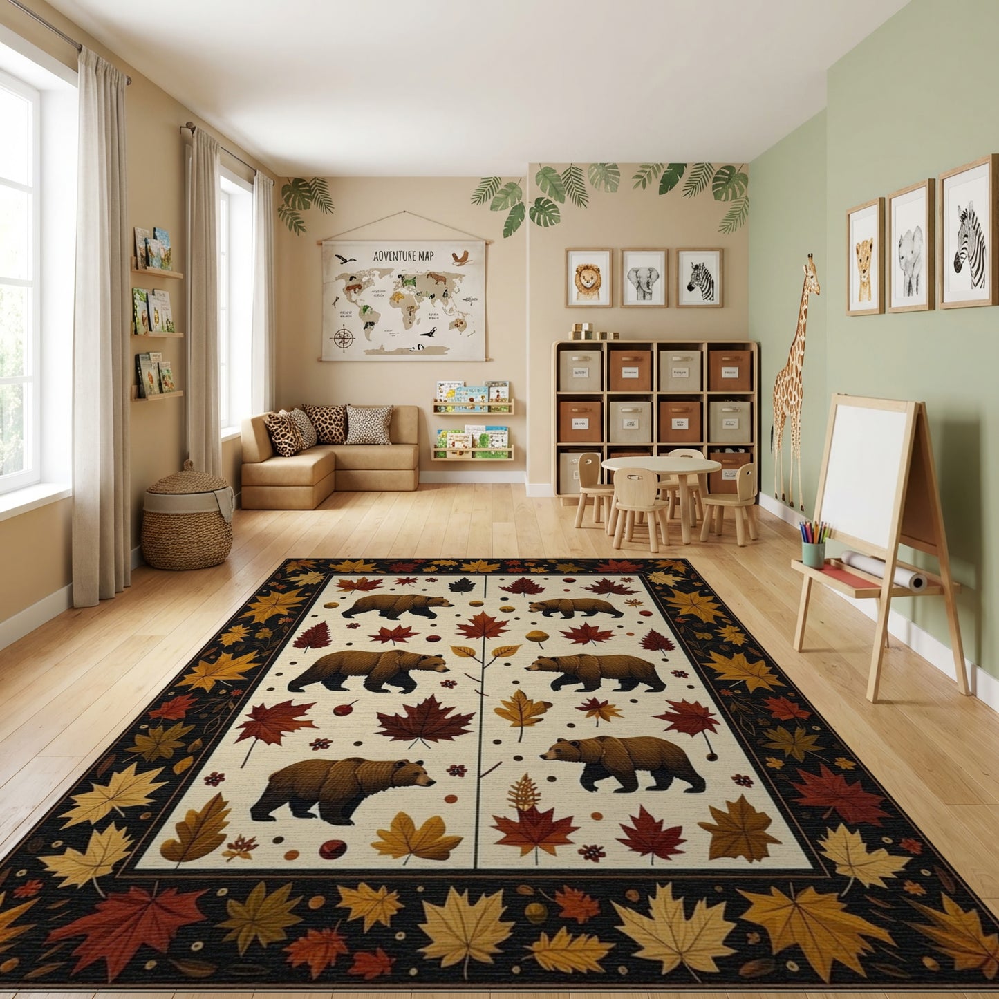Whimsical Brown Bears Autumn Leaves Rug