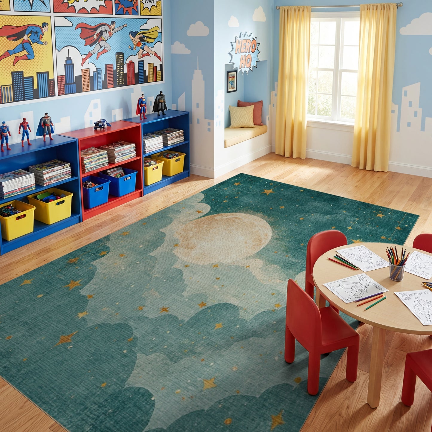 Teal Whimsical Stars Moon Clouds Rug