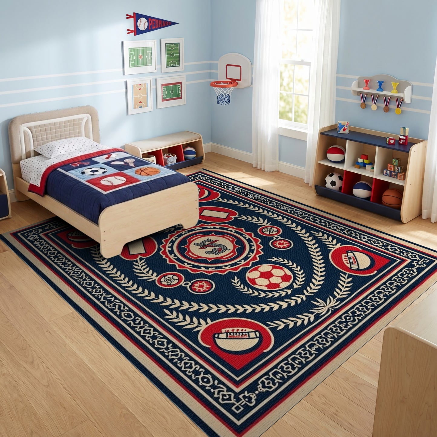 Vintage Navy Red Soccer Emblem Rug