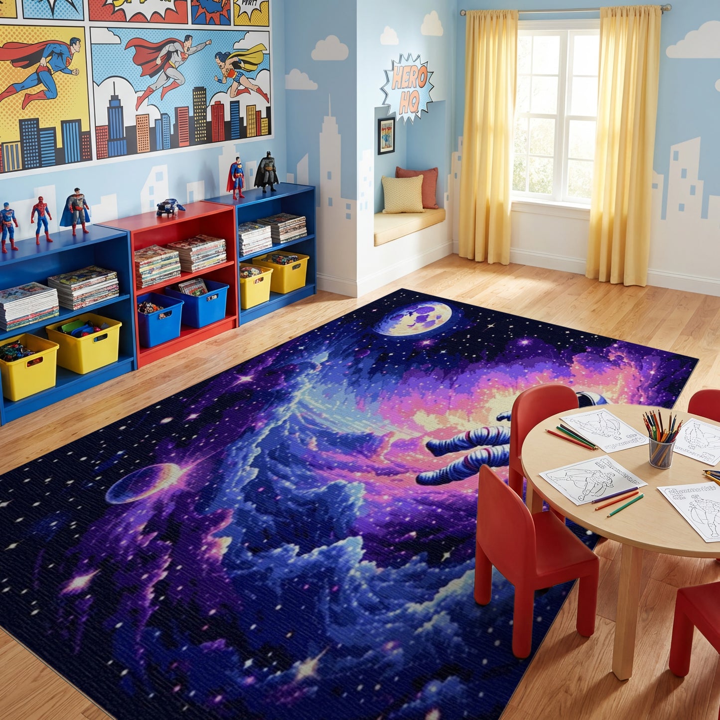 Vibrant Astronaut Nebula Stars Moon Rug