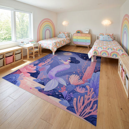 Whimsical Purple Mermaid Coral Stars Rug