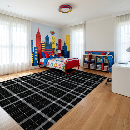 Modern Black Gray Grid Rug